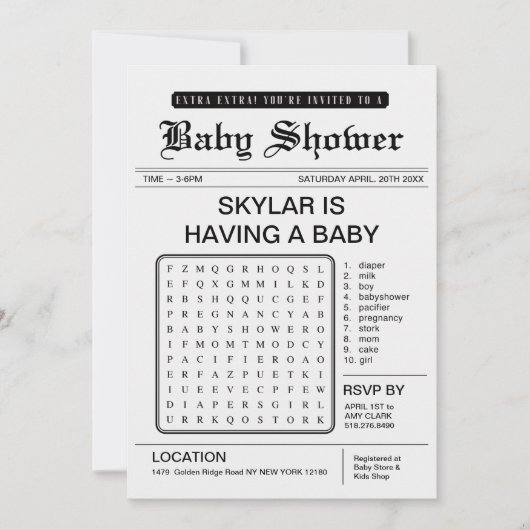 Extra Baby shower Krantenthema Kaart (Voorkant)