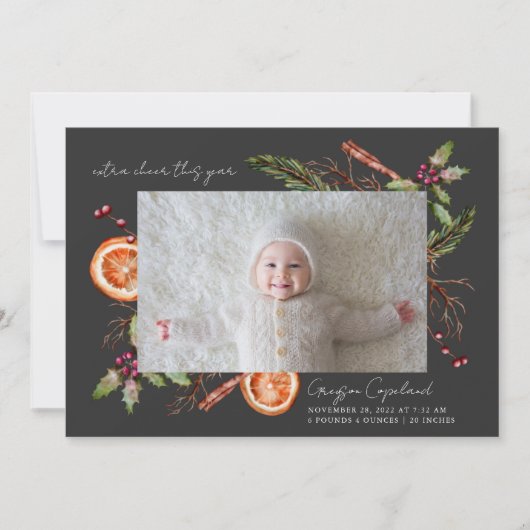 Extra Cheer Charcoal Holiday Baby Foto Birth Aankondiging (Voorkant)