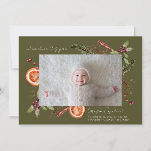 Extra Cheer Green Holiday Baby Fotogeboorte Aankondiging (Voorkant)