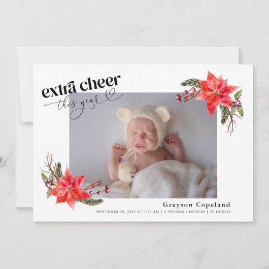 Extra Cheer Holiday Baby Foto geboortedatum Aankondiging (Voorkant)