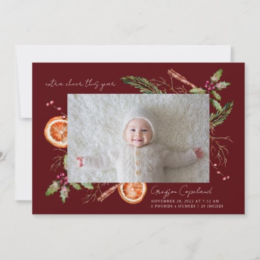 Extra Cheer Red Holiday Baby Foto geboortedatum Aankondiging (Voorkant)