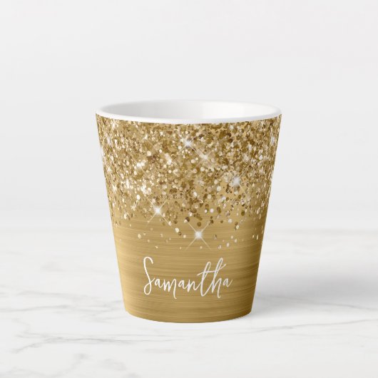 Extra Glitterige Gouden Glam Script Naam Latte Mok (Voorkant)