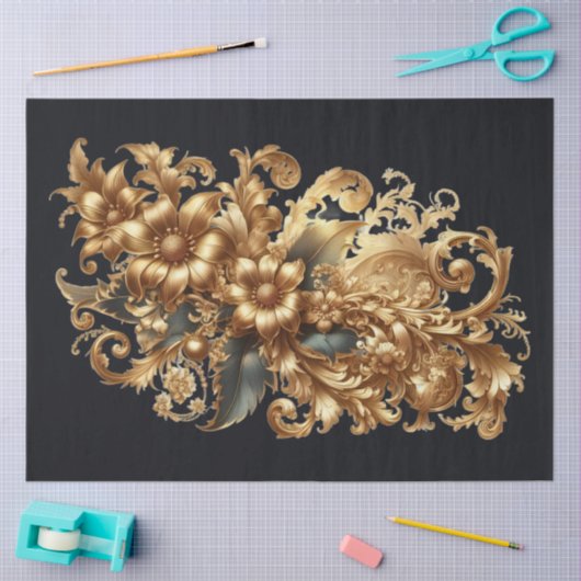 Extra Groot Goud op Zwarte Barok Bloemen Decoupage Tissuepapier (Craft)