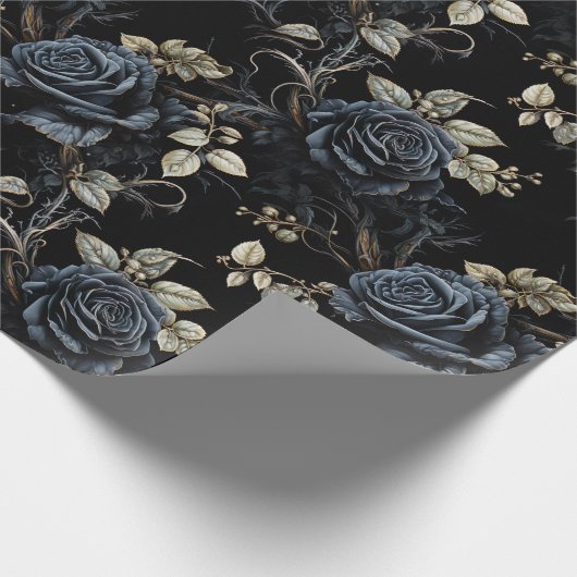 Extra Groot Romantisch Blauw en Zwart Roos Gotisch Cadeaupapier (Hoek)