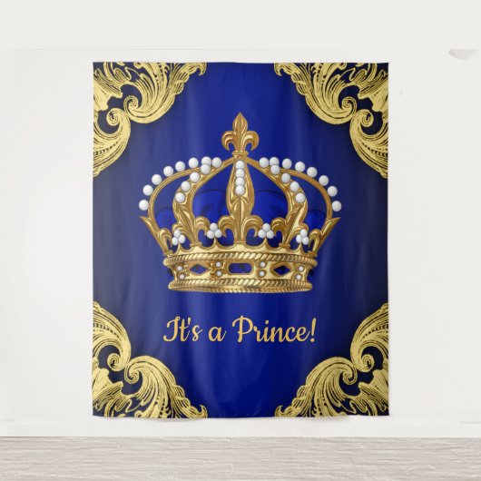 Extra grote koninklijk blauwe gouden prins kroon a wandkleed (Voorkant)