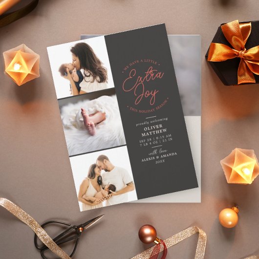 Extra Joy Foto Gray Holiday Geboorteaankondiging Feestdagenkaart