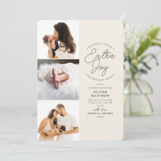 Extra Joy Foto Green Holiday Geboorteaankondiging Feestdagenkaart (Staand voorkant)