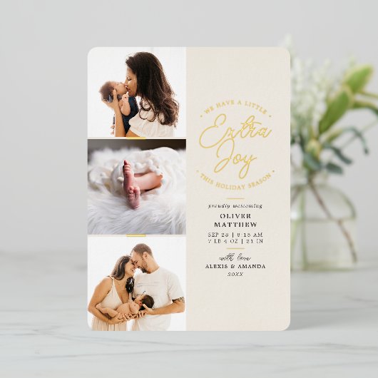 Extra Joy Foto Groene Vakantie Geboorteaankondigin Folie Feestdagenkaart (Staand Voorkant)