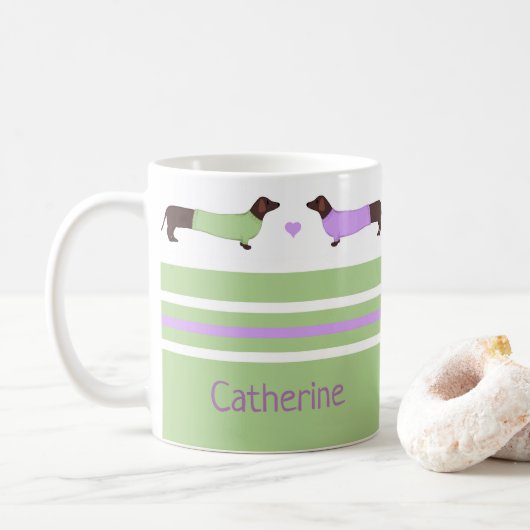 Extra lange Dachshunds - Mint Green en Lavender Koffiemok (Met donut)
