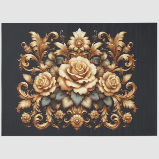 Extra Large Gold on Black Baroque Floral Decoupage Tissuepapier (Voorkant)