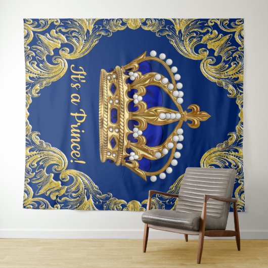 Extra Large Koninklijk Blauwe Gouden Prins Baby Sh Wandkleed (In Situ (horizontaal))