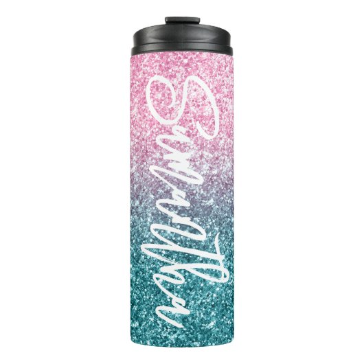 Extra luxe lichtroze Blauwgroen ombre Glitter Thermosbeker (Voorkant)