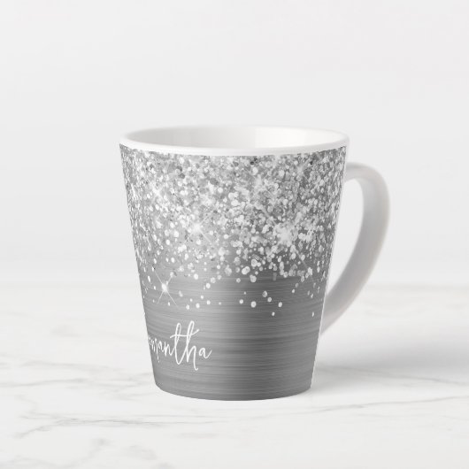 Extra Sparkly Silver Glam Script Name Latte Mok (Rechterhoek)