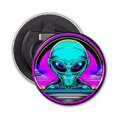 Extra Terrestrial Alien Vliegen Een UFO Button Flesopener (Voorkant)