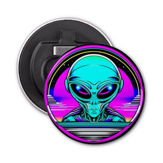 Extra Terrestrial Alien Vliegen Een UFO Button Flesopener (Voorkant)