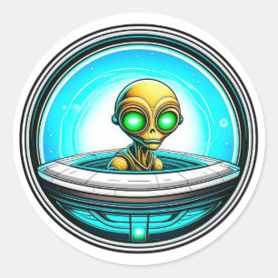 Extra Terrestrial Alien Vliegen in een UFO Ronde Sticker