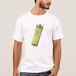 Extra vierge olijfolie in een ronde blikken fles t-shirt