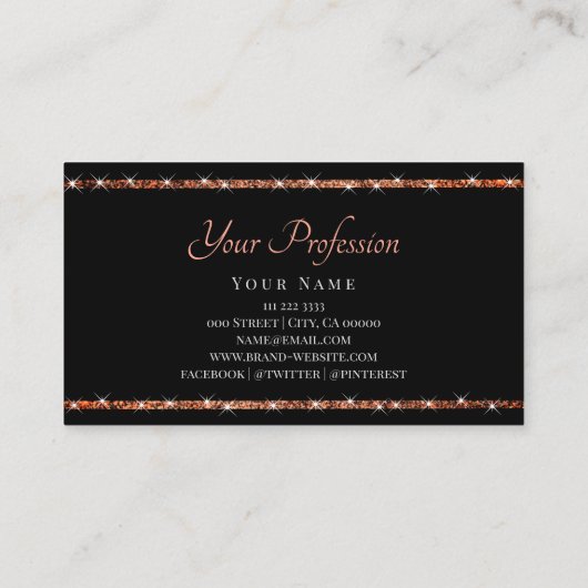 Extravagant Roos Gold Glitter Spark Stars op zwart Visitekaartje (Achterkant)