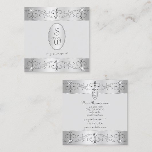 Extravagant Silver Grey  Ornamenten Monogram Vierkante Visitekaartje (Voorkant / Achterkant)