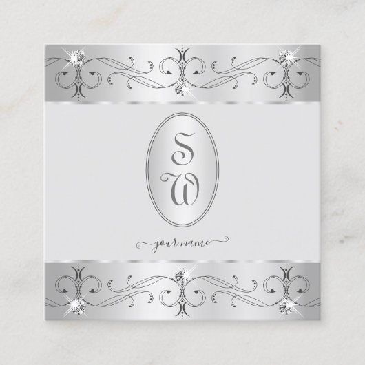 Extravagant Silver Grey Ornamenten Monogram Vierkante Visitekaartje (Voorkant)