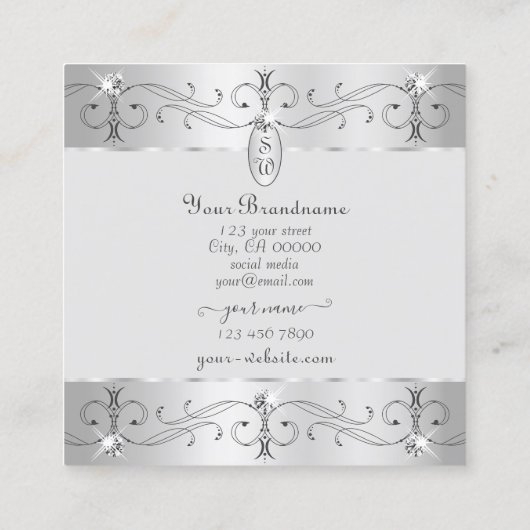 Extravagant Silver Grey  Ornamenten Monogram Vierkante Visitekaartje (Achterkant)