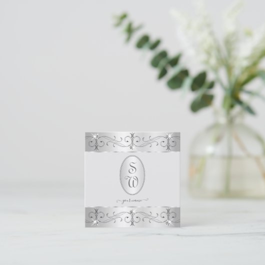 Extravagant Silver Grey Ornamenten Monogram Vierkante Visitekaartje (Staand voorkant)