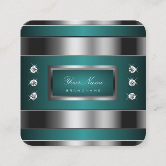 Extravagant Zilver en Blauwgroen met Faux Strass Vierkante Visitekaartje (Voorkant)