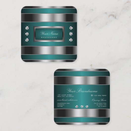 Extravagant Zilver en Blauwgroen met Faux Strass Vierkante Visitekaartje (Voorkant / Achterkant)