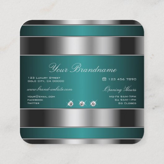 Extravagant Zilver en Blauwgroen met Faux Strass Vierkante Visitekaartje (Achterkant)