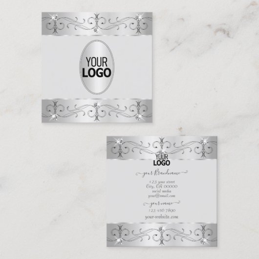 Extravagant Zilver Grijze  Ornamenten met Logo Vierkante Visitekaartje (Voorkant / Achterkant)