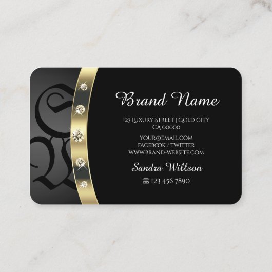 Extravagant zwart-goudmonogram en diamanten visitekaartje (Achterkant)