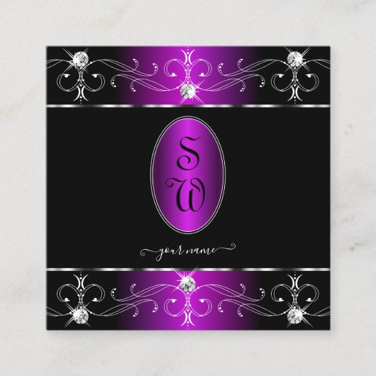 Extravagant zwart Paarse  Ornamenten Monogram Vierkante Visitekaartje (Voorkant)