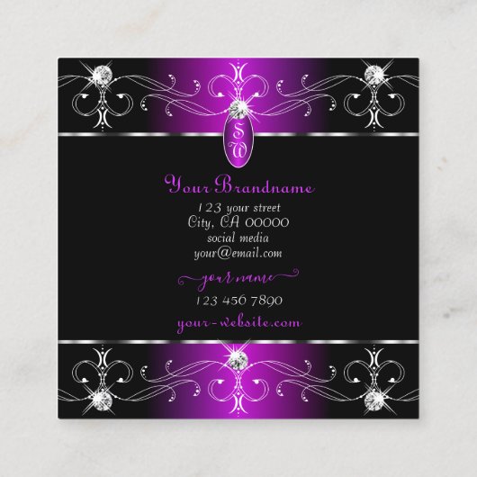 Extravagant zwart Paarse  Ornamenten Monogram Vierkante Visitekaartje (Achterkant)