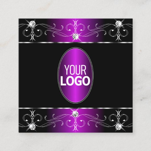 Extravagant zwarte Paarse  Ornamenten Voeg Logo to Vierkante Visitekaartje (Voorkant)