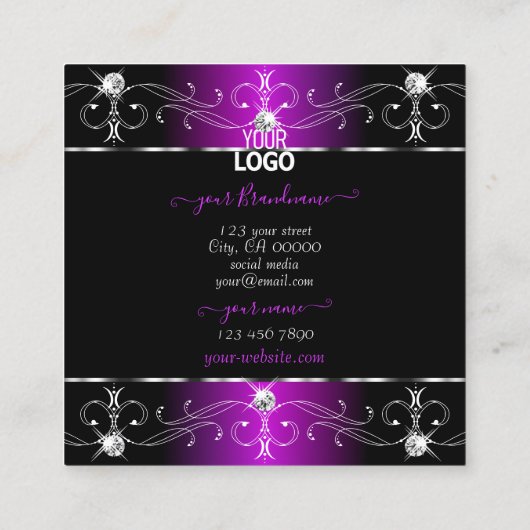 Extravagant zwarte Paarse  Ornamenten Voeg Logo to Vierkante Visitekaartje (Achterkant)