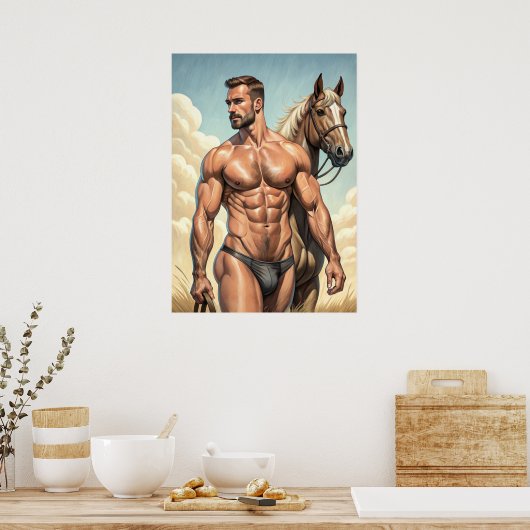 Extreem hete kerel met een paard poster (Keuken)