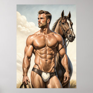 Extreem hete kerel met een paard poster