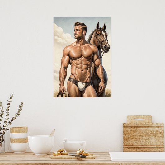 Extreem hete kerel met een paard poster (Keuken)