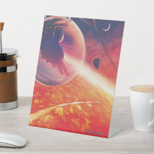 Extreme heteluchtballon op vulkanische helling reclamebord met voetstuk