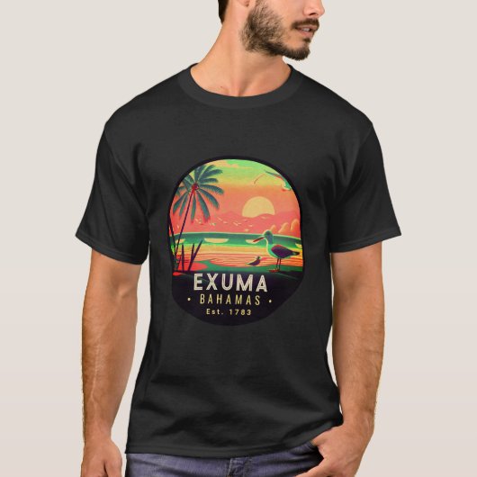 Exuma Bahamas Retro Sunset Zeemeeuw Souvenir jaren T-shirt (Voorkant)