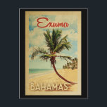 Exuma Palm Tree Vintage Travel Briefkaart<br><div class="desc">Een unieke retro middeleeuwse moderne Exuma Bahamas-kunstprint in de klassieke stijl van het poster. Het bevat een gebogen palmboom op zandige stranden met oceaan onder een blauwe troebele hemel.</div>