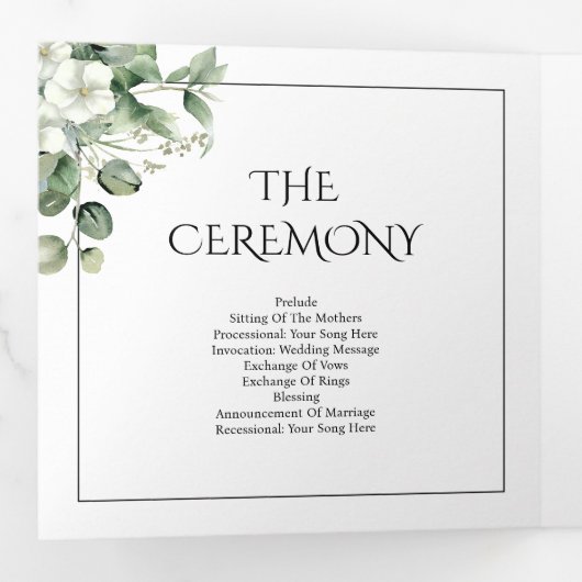 Eycalyptus en witte bloemen bloemenbruiloft drieluik programma (Binnenzijde eerst)