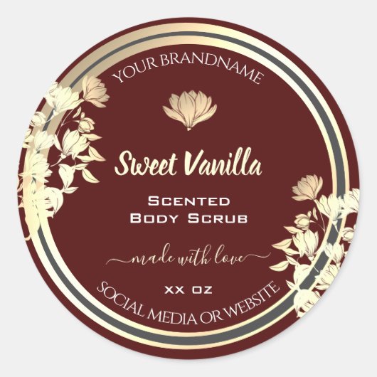 Eye Catching Floral Bourgogne Gold-productetikette Ronde Sticker (Voorkant)