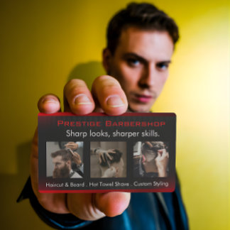 Eye-Catching Modern Barber in Red Black White Visitekaartje