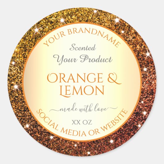 Eye Catching Oranje Gouden Glitter productetikette Ronde Sticker (Voorkant)