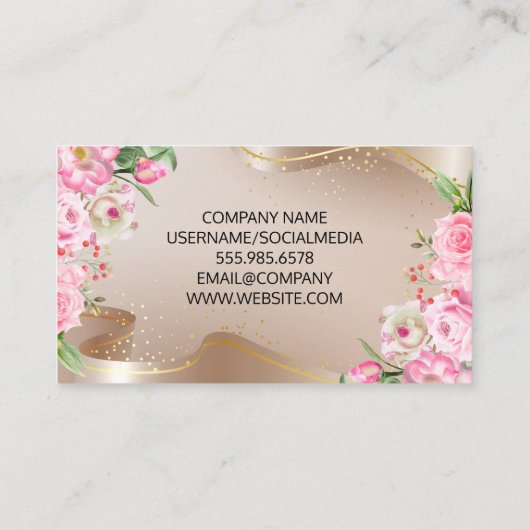 Eye Lash | Goud lint | Roze bloemen Visitekaartje (Achterkant)