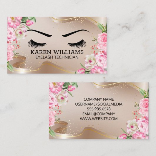 Eye Lash | Goud lint | Roze bloemen Visitekaartje (Voorkant / Achterkant)