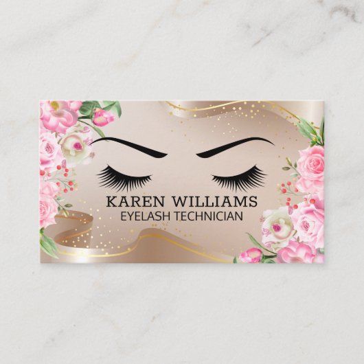 Eye Lash | Goud lint | Roze bloemen Visitekaartje (Voorkant)