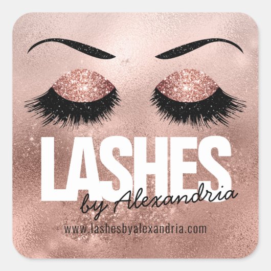 Eye Lashes Roos Gold Sparkle Glitter Beauty Logo Vierkante Sticker (Voorkant)