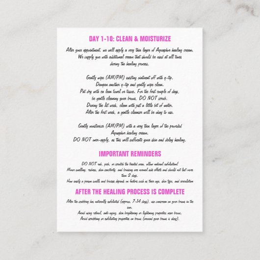 Eyebrow Microbalding Aftercare Instruction Pin Visitekaartje (Achterkant)